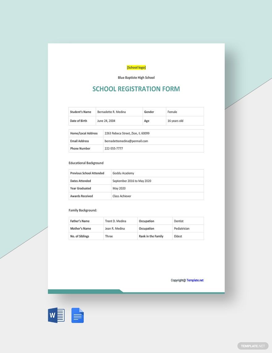 Sample School Registration Form Template
