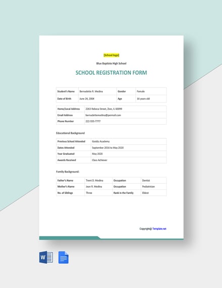 Sample School Registration Form Template - Google Docs, Word