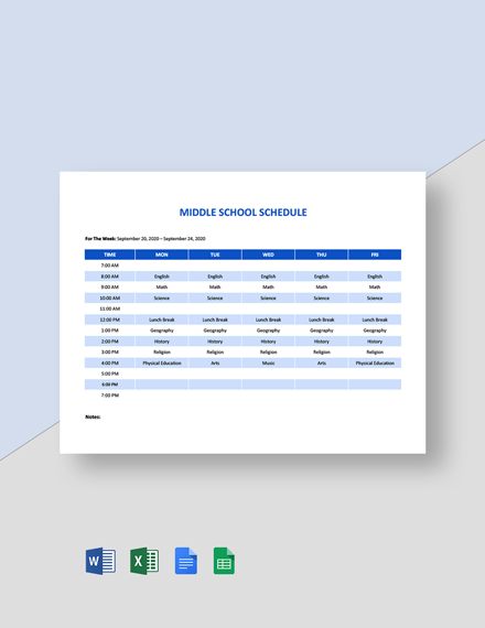 Middle School Schedule Template - Google Docs, Google Sheets, Excel, Word