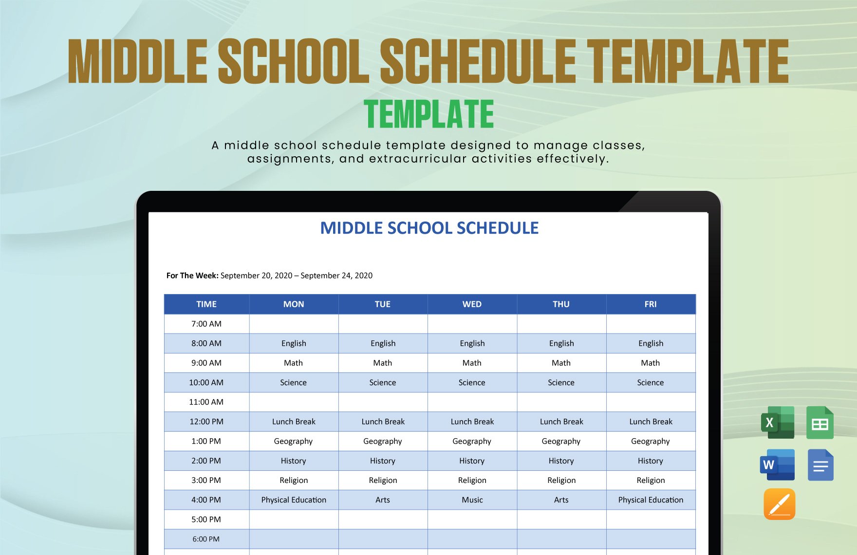 Middle School Schedule Template in Word, Google Docs, Excel, Google Sheets, Apple Pages