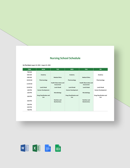 Free Nursing School Schedule Template - Google Sheets, Excel, Word
