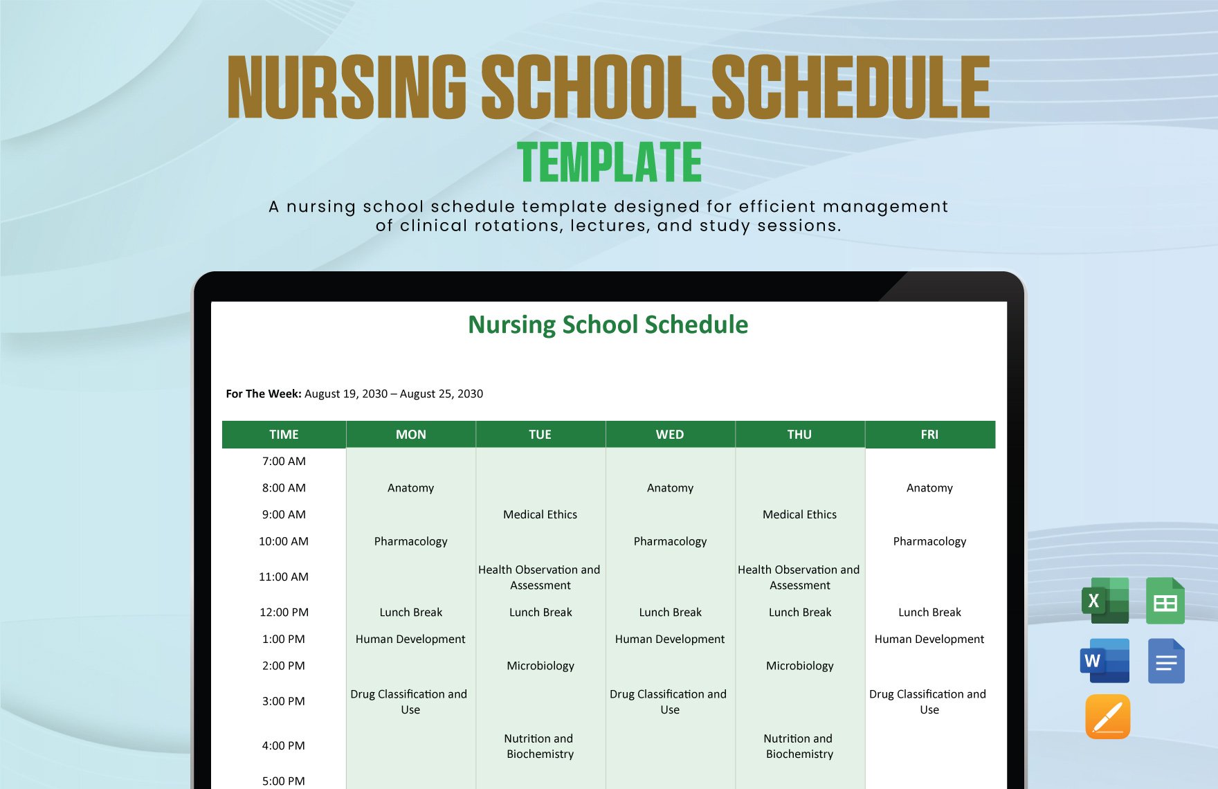 Nursing School Schedule Template in Word, Google Docs, Excel, Google Sheets, Apple Pages