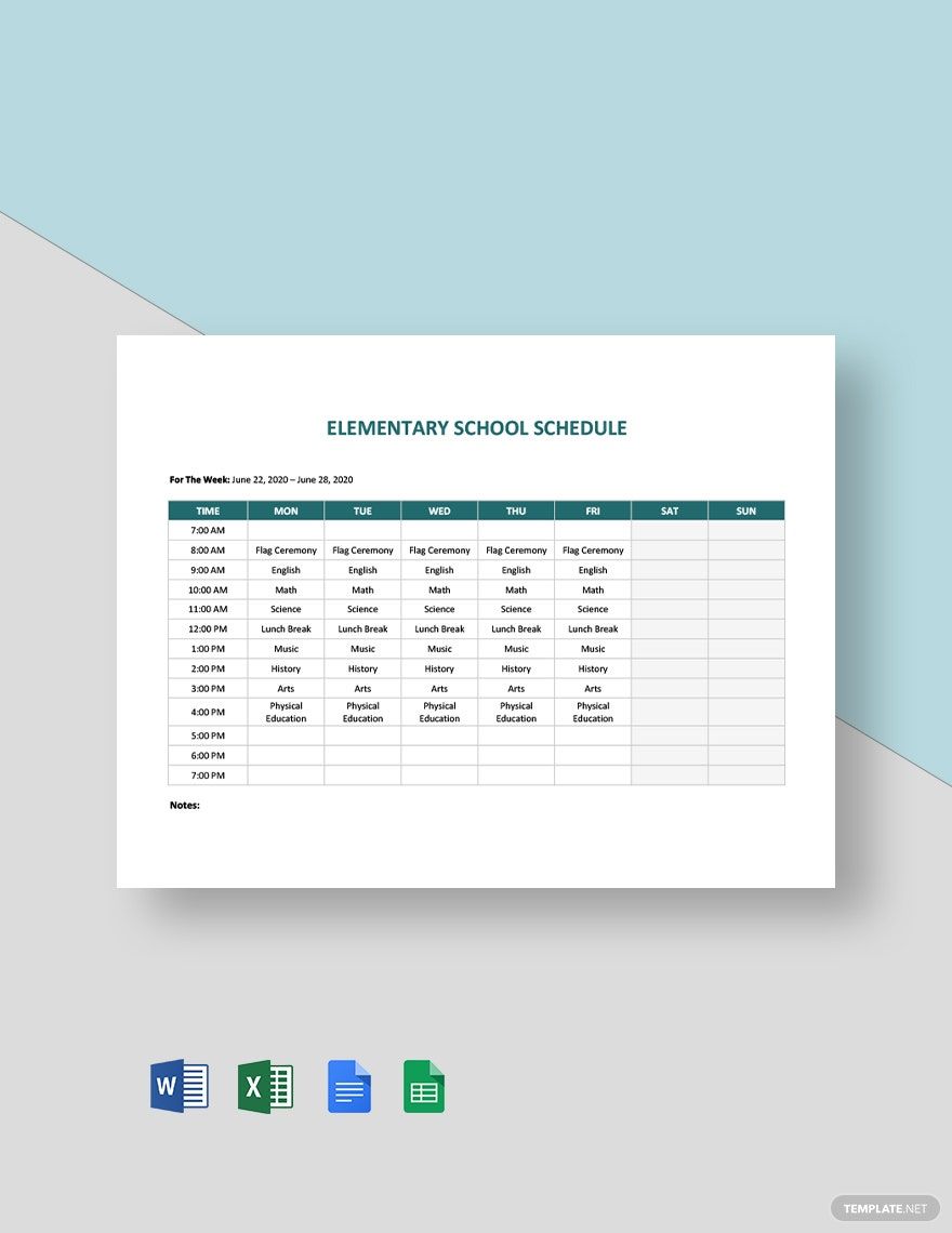 Elementary School Schedule Template in Excel, Word, Google Docs, Google Sheets, Pages - Download | Template.net