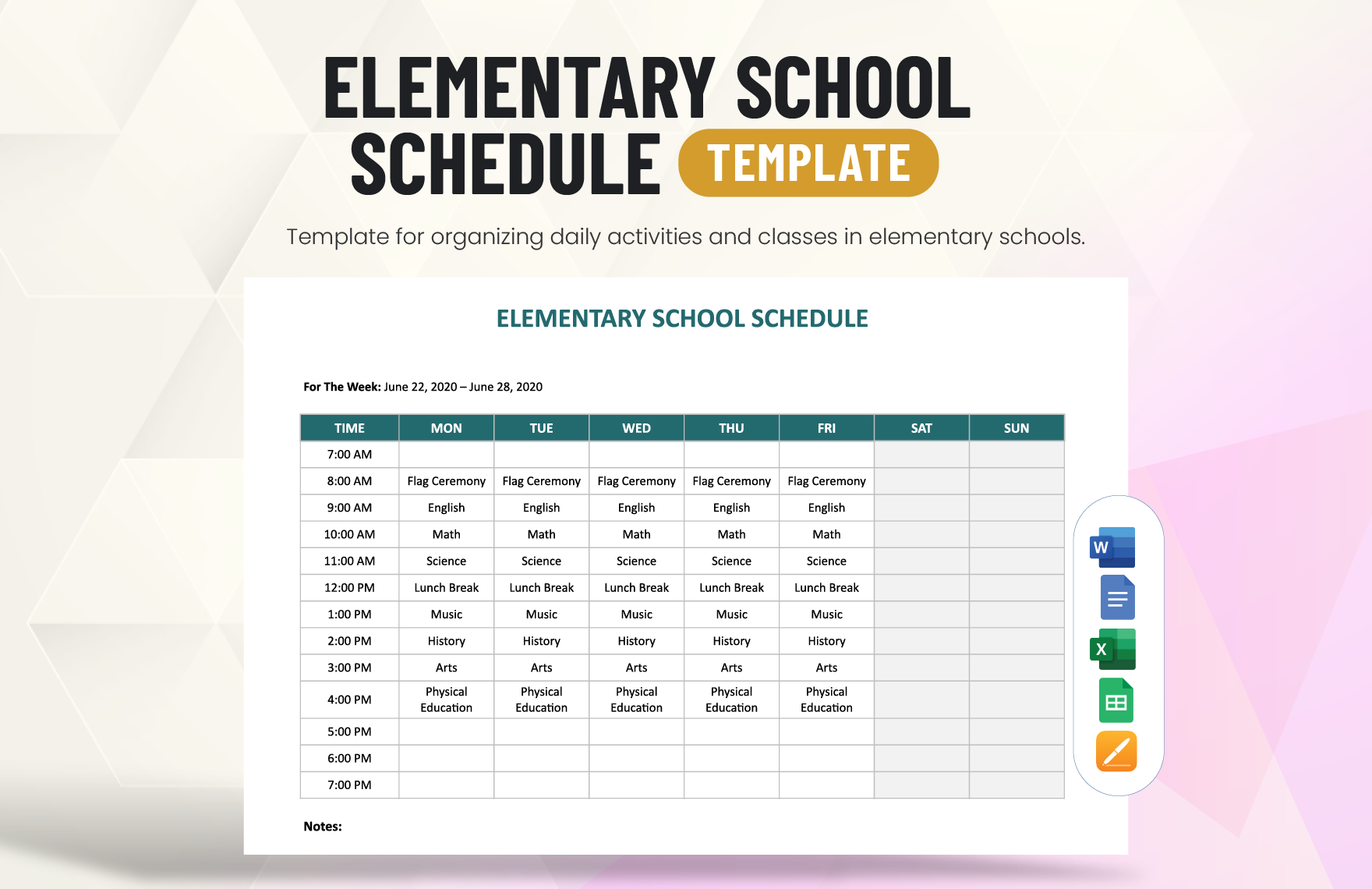 Elementary School Schedule Template in Word, Google Docs, Excel, Google Sheets, Apple Pages