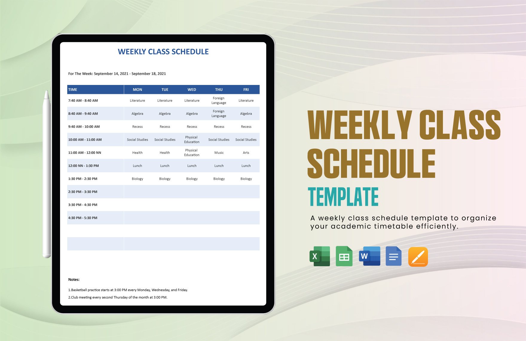 Weekly Class Schedule Template in Word, Google Docs, Excel, Google Sheets, Apple Pages