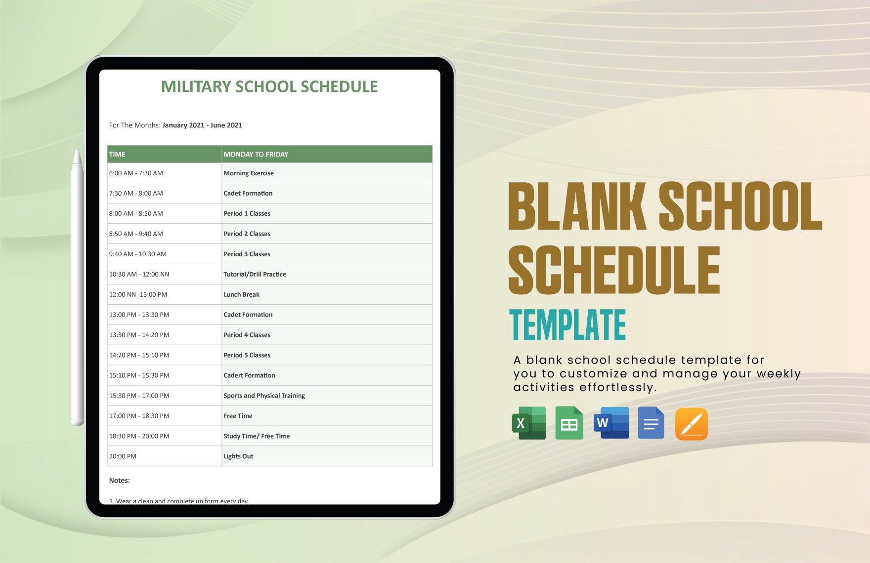 Blank School Schedule Template in Word, Google Docs, Excel, Google Sheets, Apple Pages