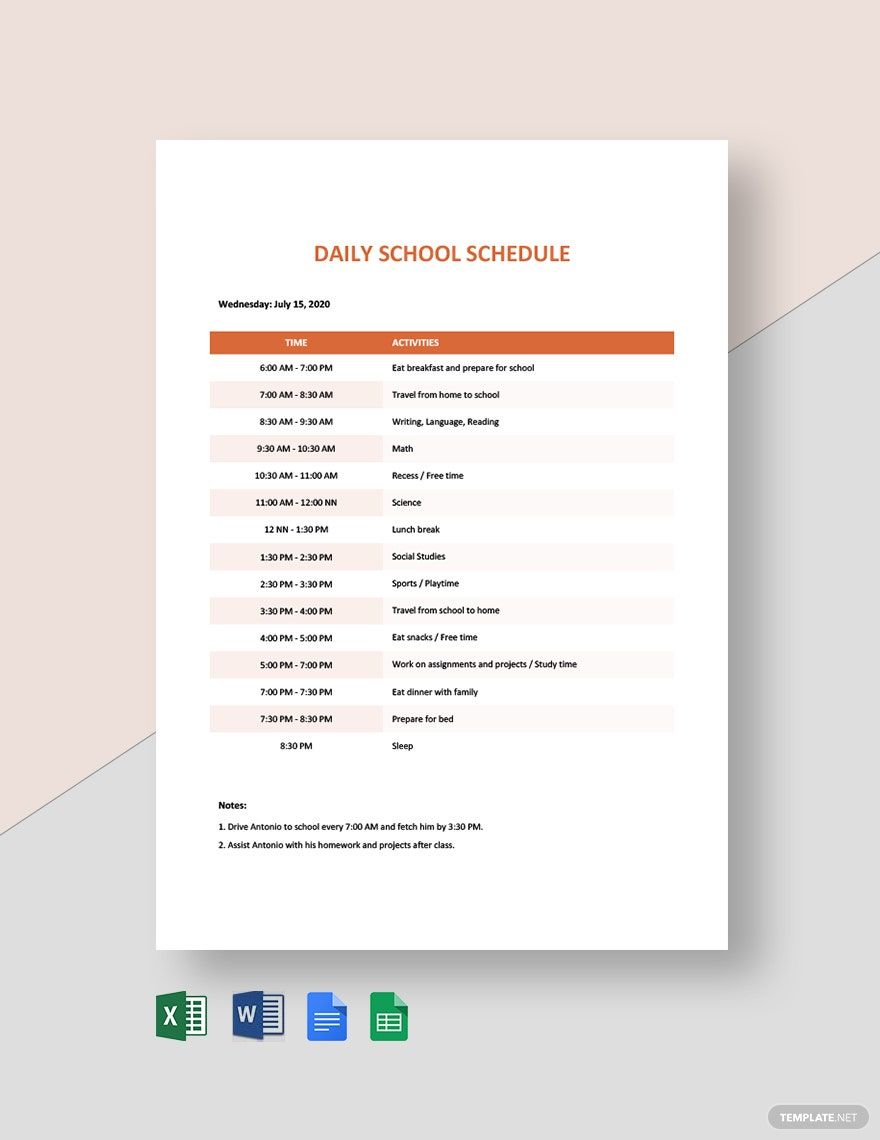 Daily School Schedule Template in Google Sheets, Word, Excel, Google Docs, Pages - Download | Template.net