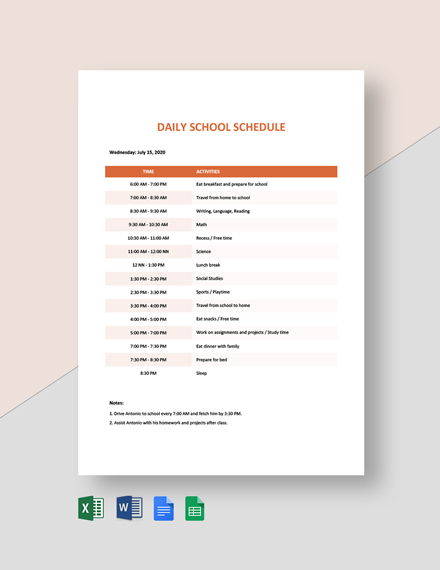 Daily School Schedule Template - Google Docs, Google Sheets, Excel, Word