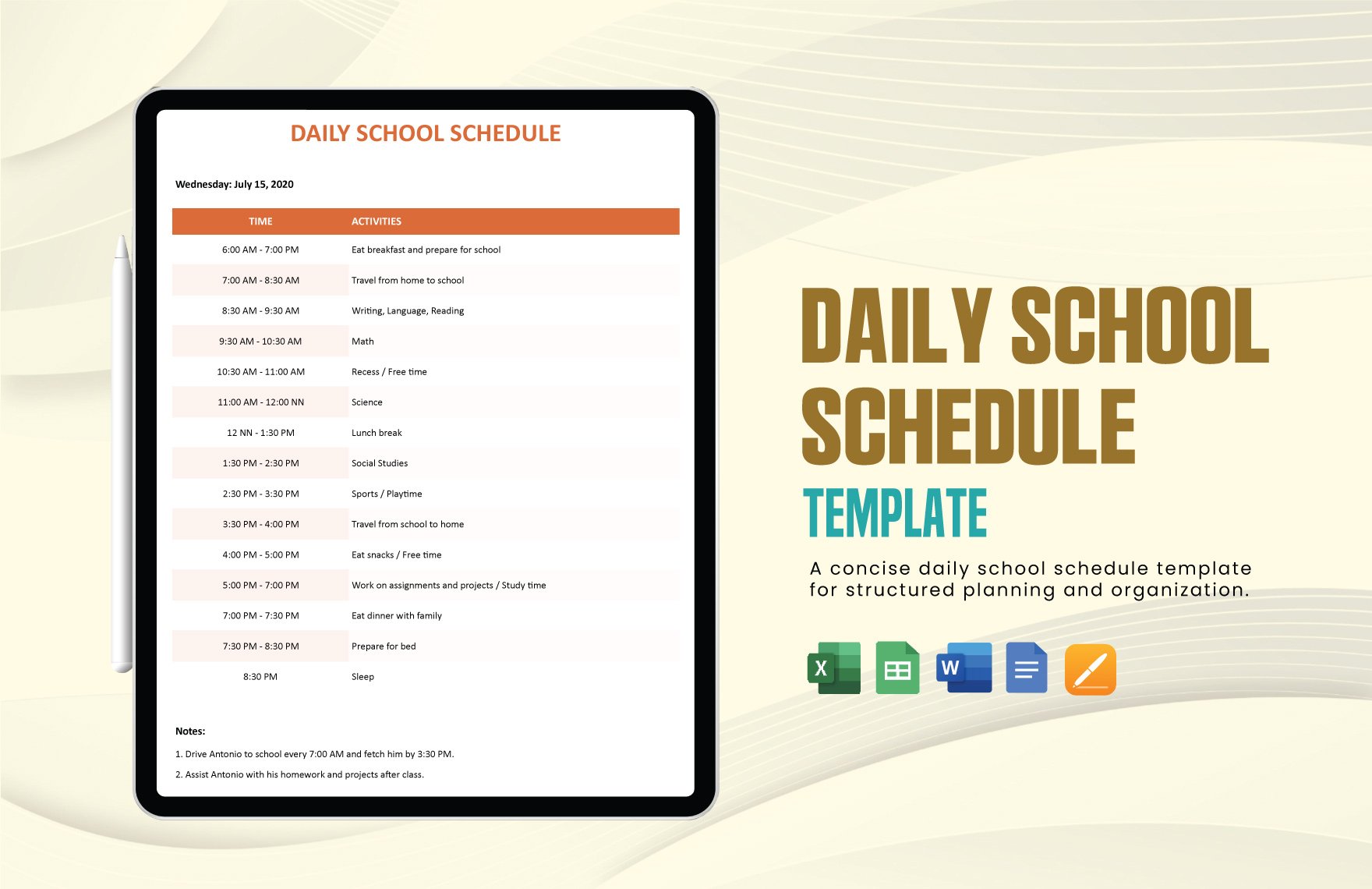 Daily School Schedule Template in Word, Google Docs, Excel, Google Sheets, Apple Pages