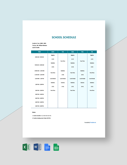 Free Simple School Schedule Template - Google Sheets, Excel, Word