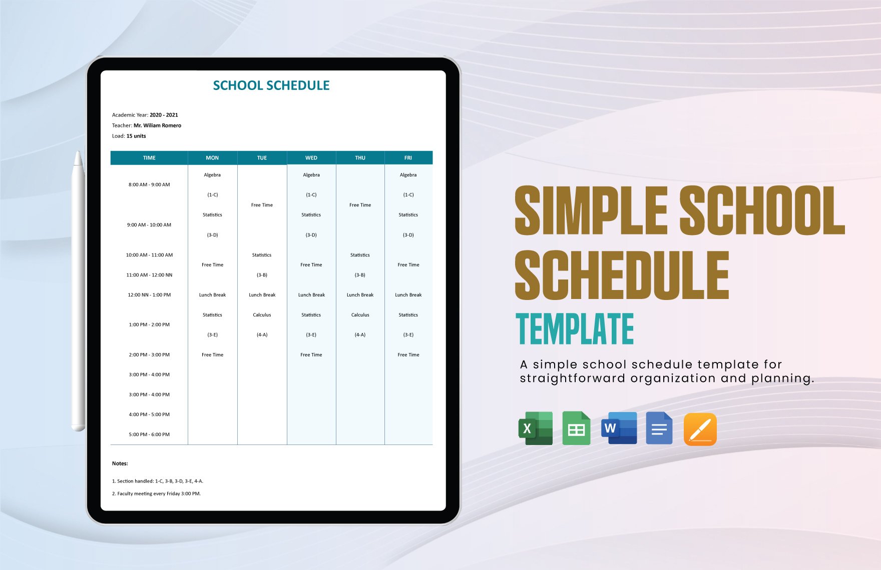 Free Simple School Schedule Template in Word, Google Docs, Excel, Google Sheets, Apple Pages