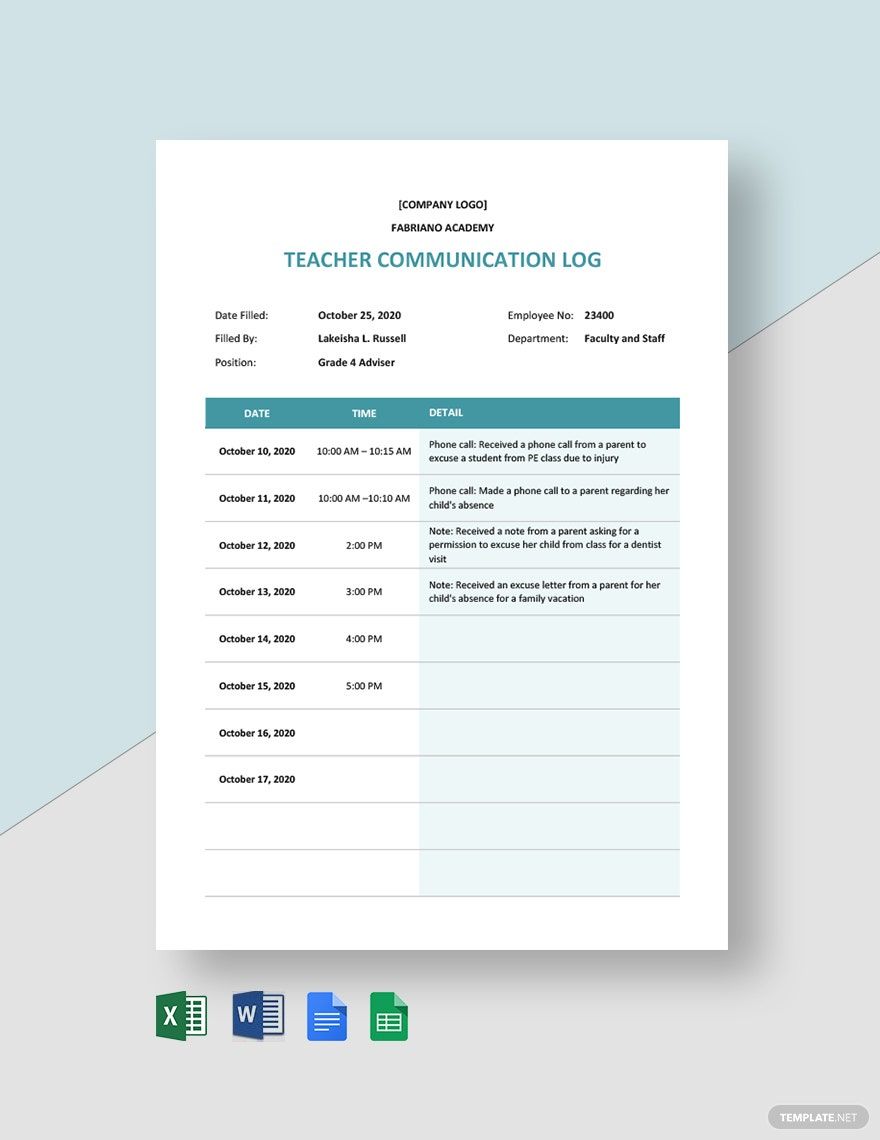 Free Sample Teacher Log Template - Google Docs, Google Sheets, Excel ...