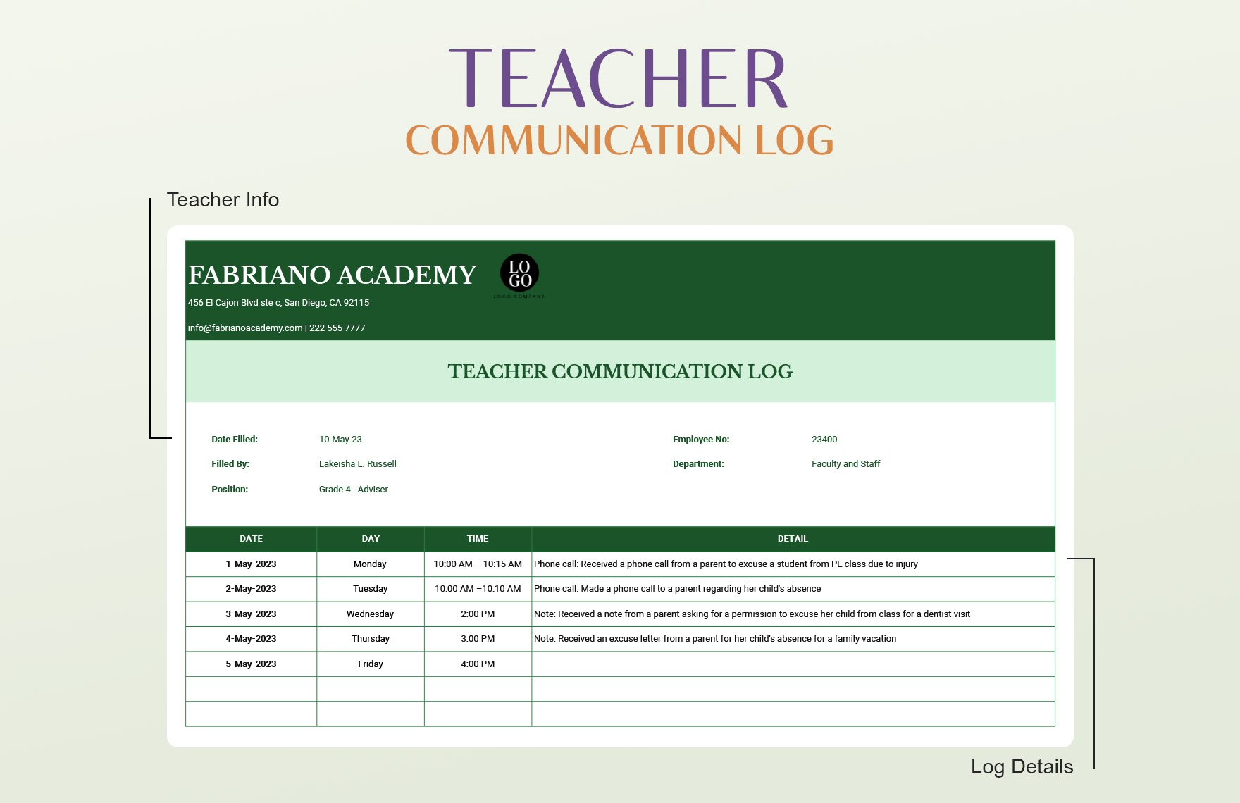 Teacher Communication Log Template