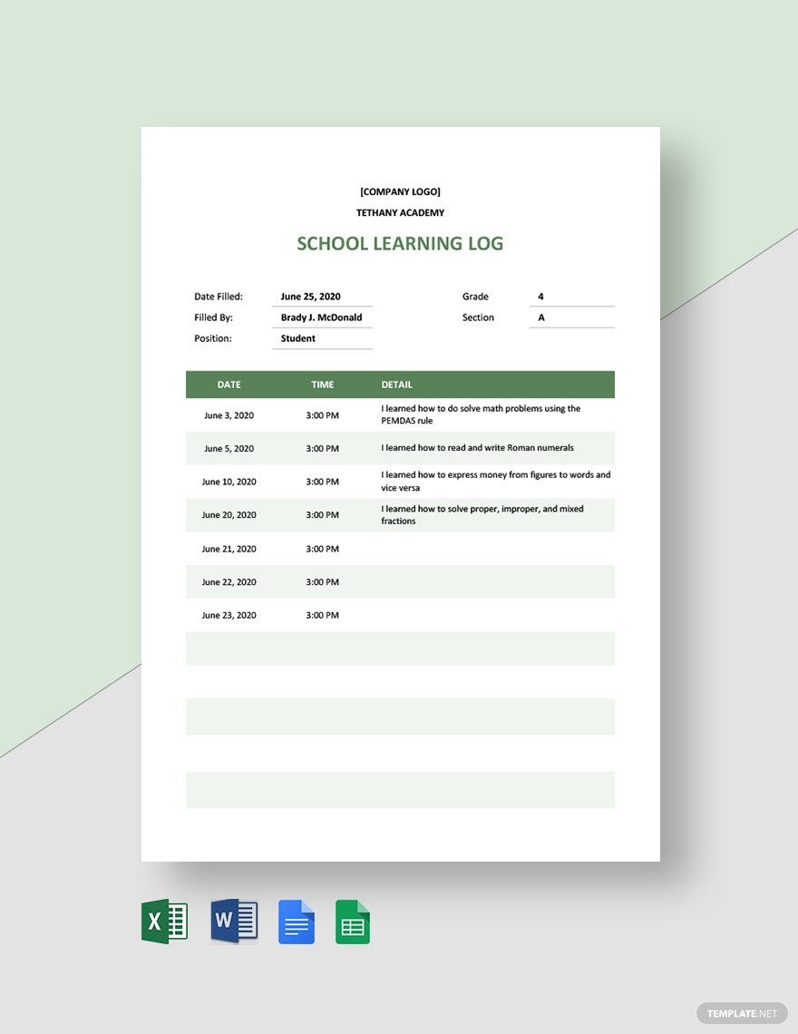 School Learning Log Template in Word, Google Docs, Excel, Google Sheets
