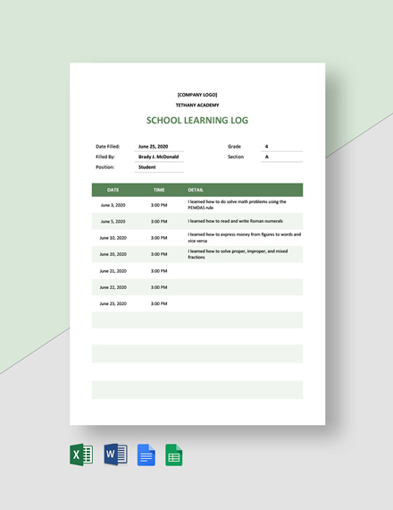 FREE School Log Templates - Word | Excel | Google Docs | Apple (MAC ...