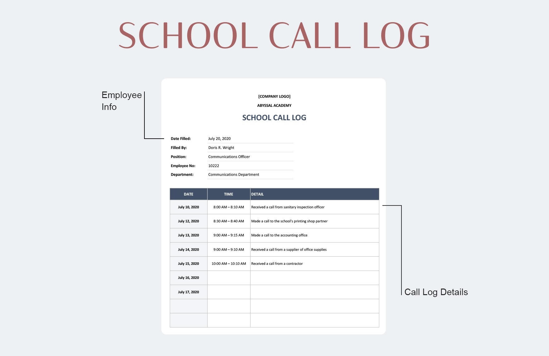 School Call Log Template