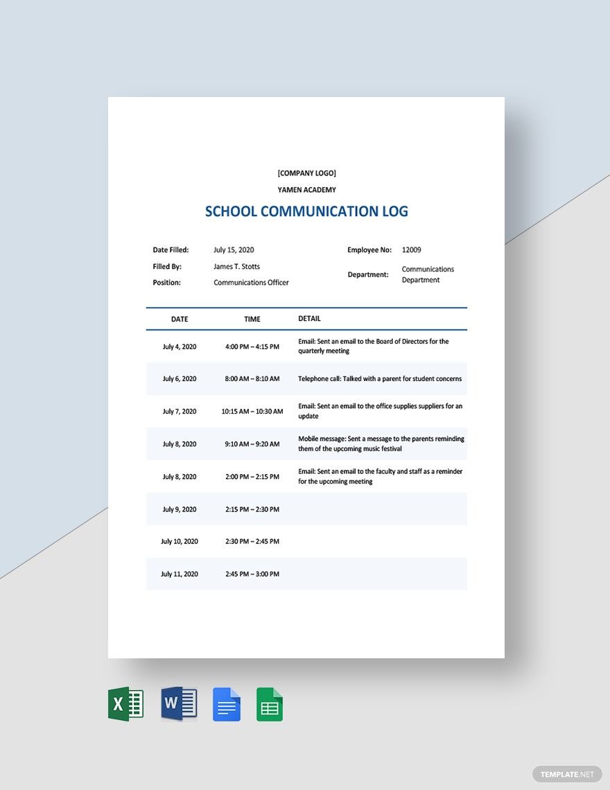 School Communication Log Template in Word, Google Docs, Excel, Google Sheets