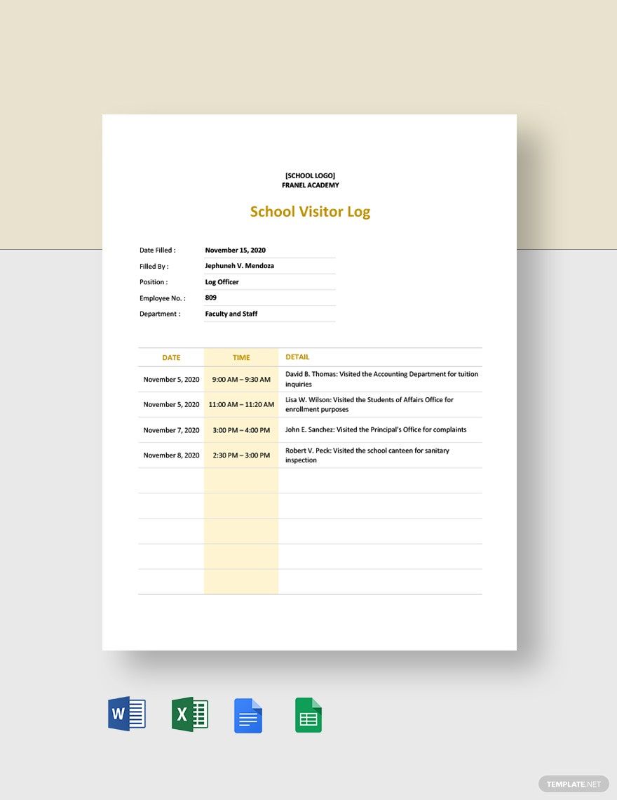 School Visitor Log Template in Word, Google Docs, Excel, Google Sheets