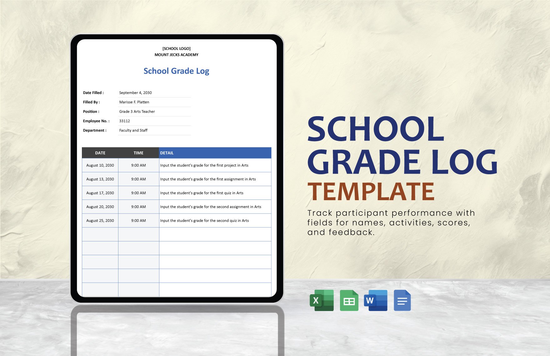 School Grade Log Template in Word, Google Docs, Excel, Google Sheets