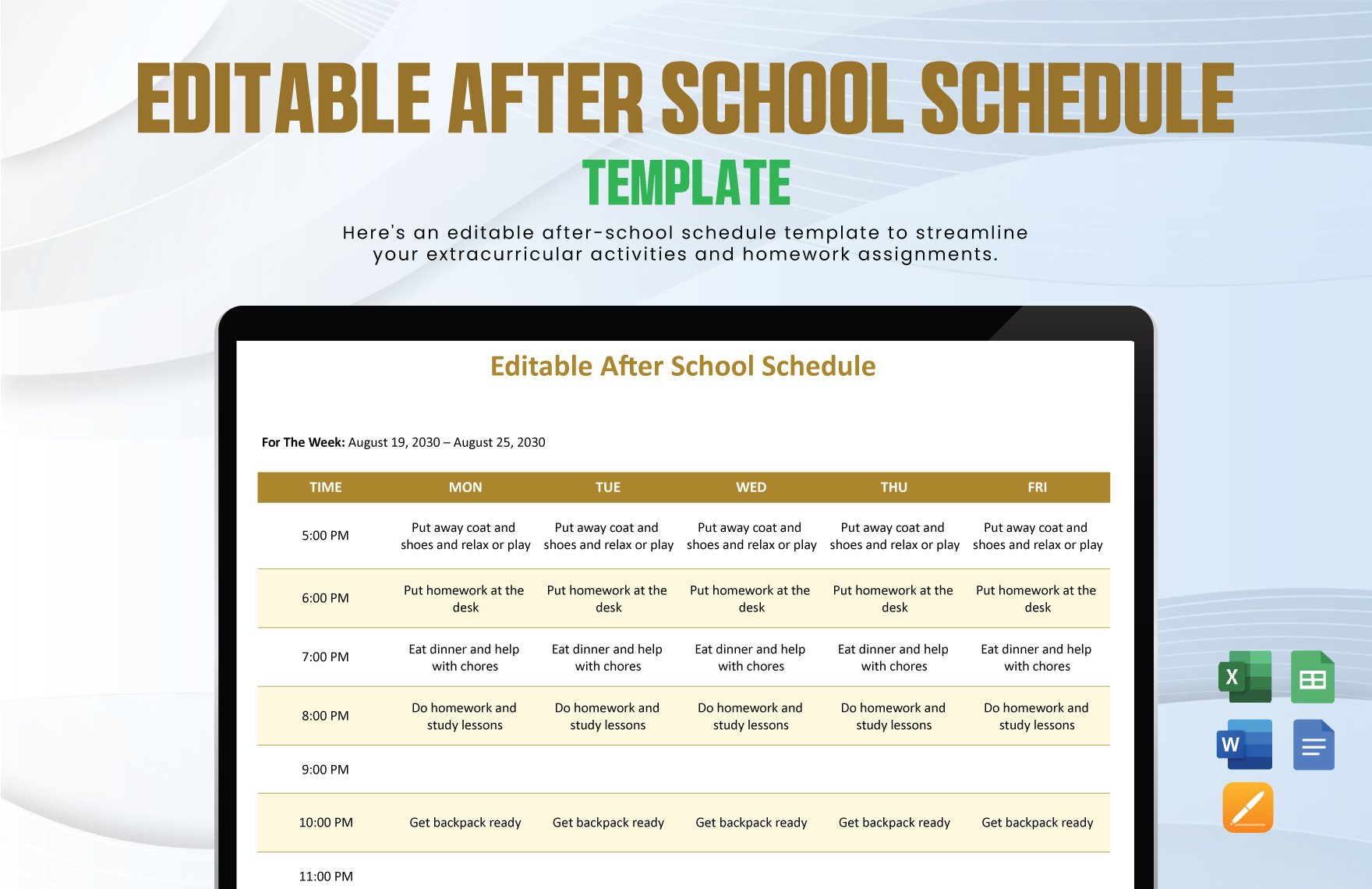 Editable After School Schedule Template in Word, Google Docs, Excel, Google Sheets, Apple Pages