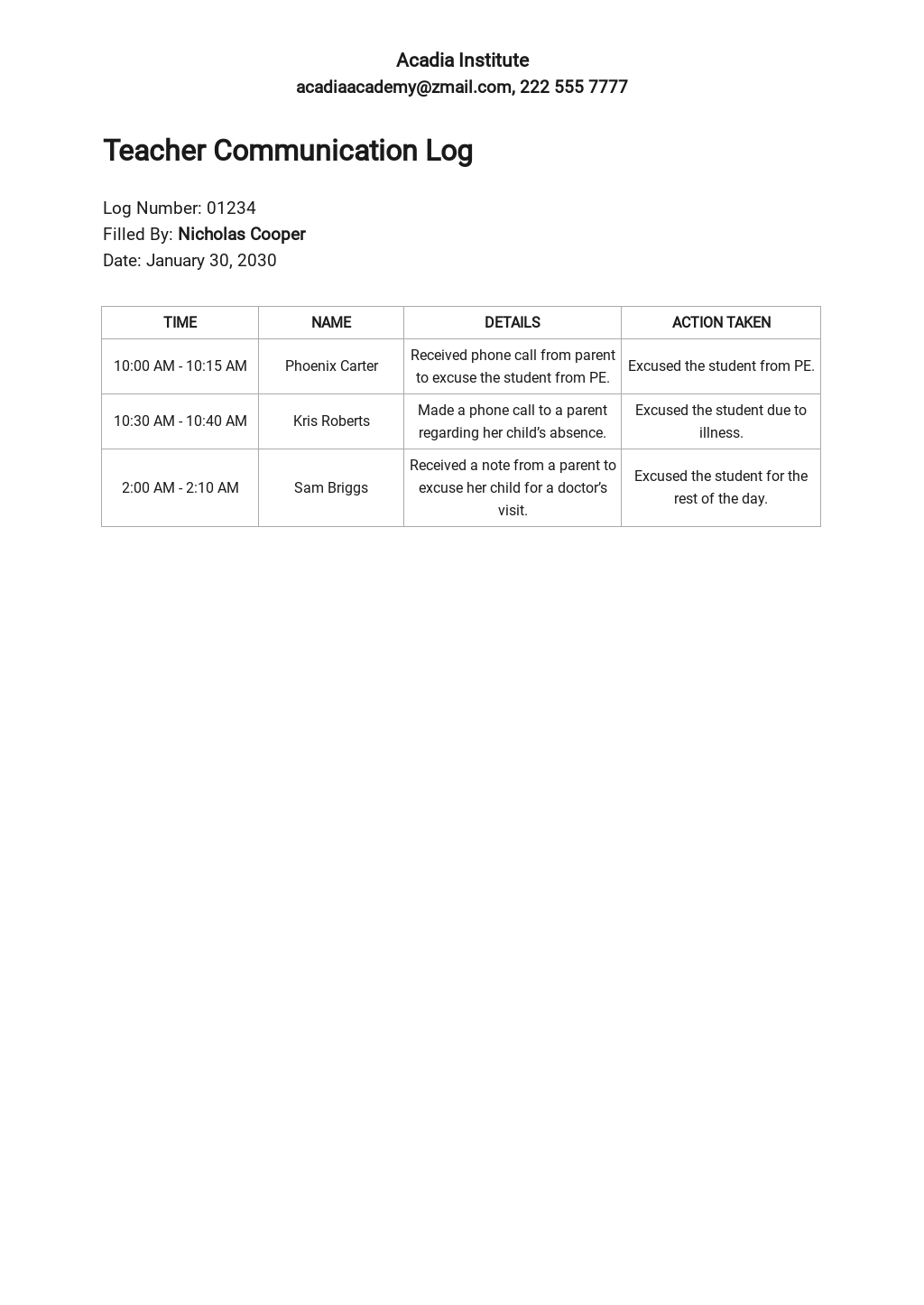 School Contact Log Template [Free PDF] Word (DOC) Excel Google