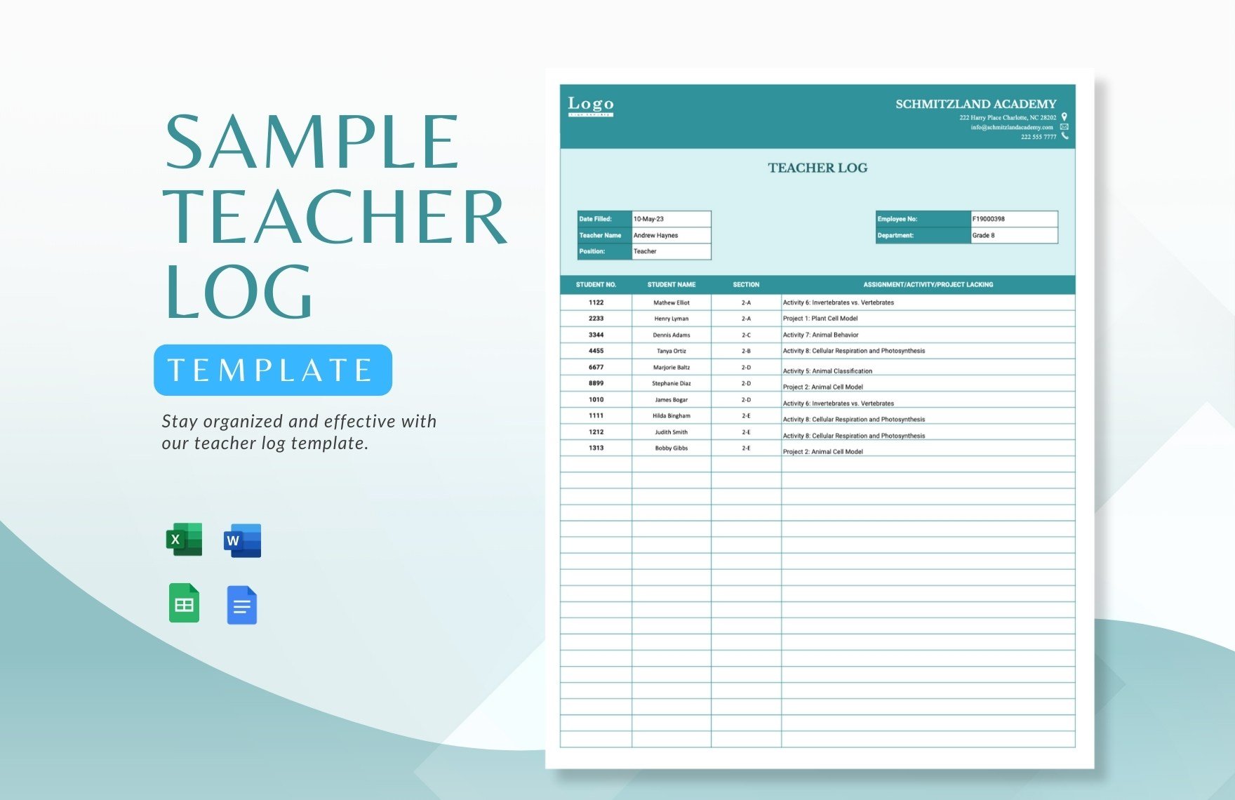Free Sample Teacher Log Template in Word, Google Docs, Excel, Google Sheets
