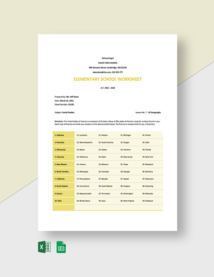 Free Elementary School Worksheet Template