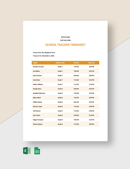 Free School Teacher Timesheet Template - Google Sheets, Excel