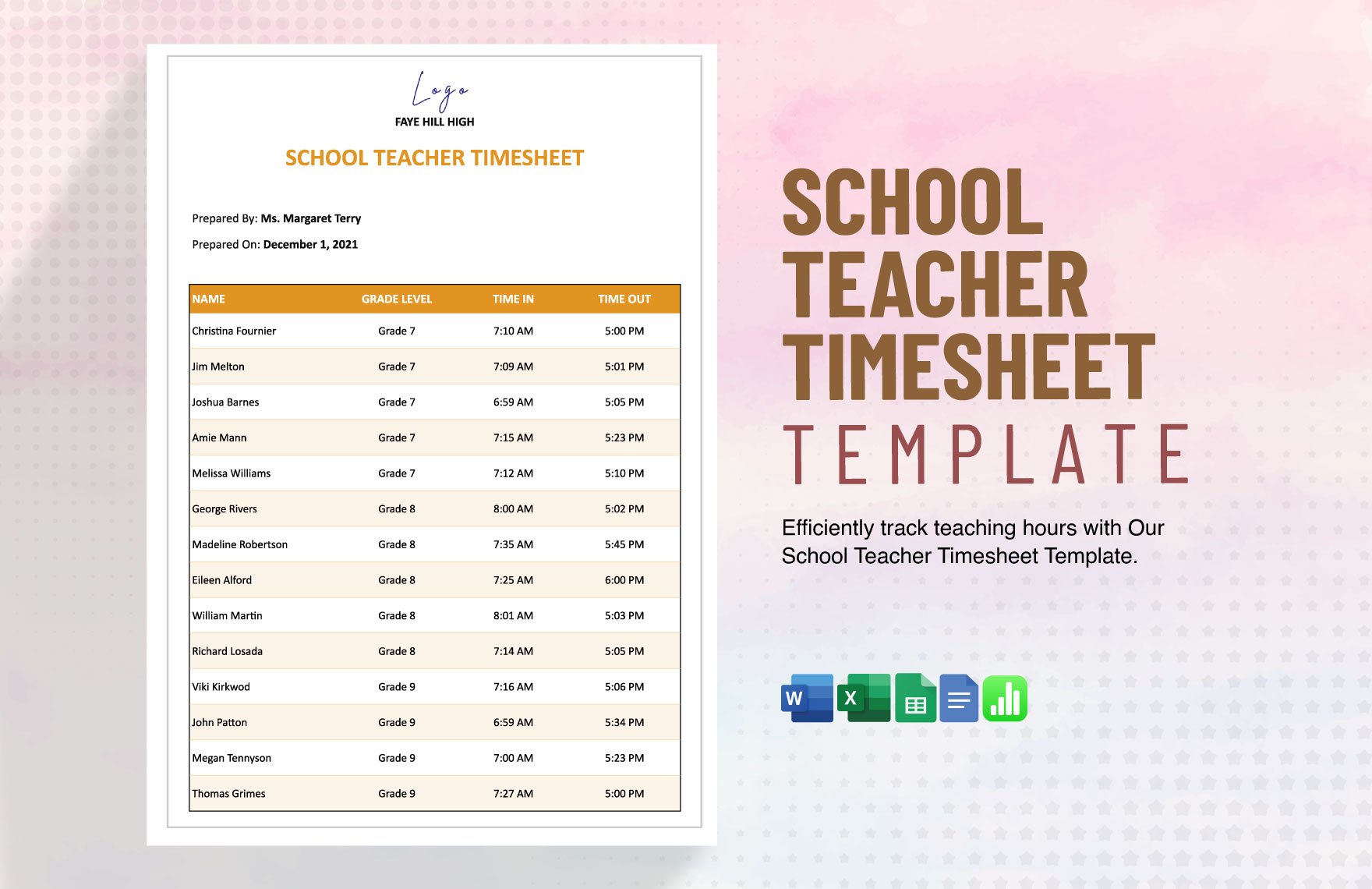 Free School Teacher Timesheet Template in Word, Google Docs, Excel, Google Sheets, Apple Pages