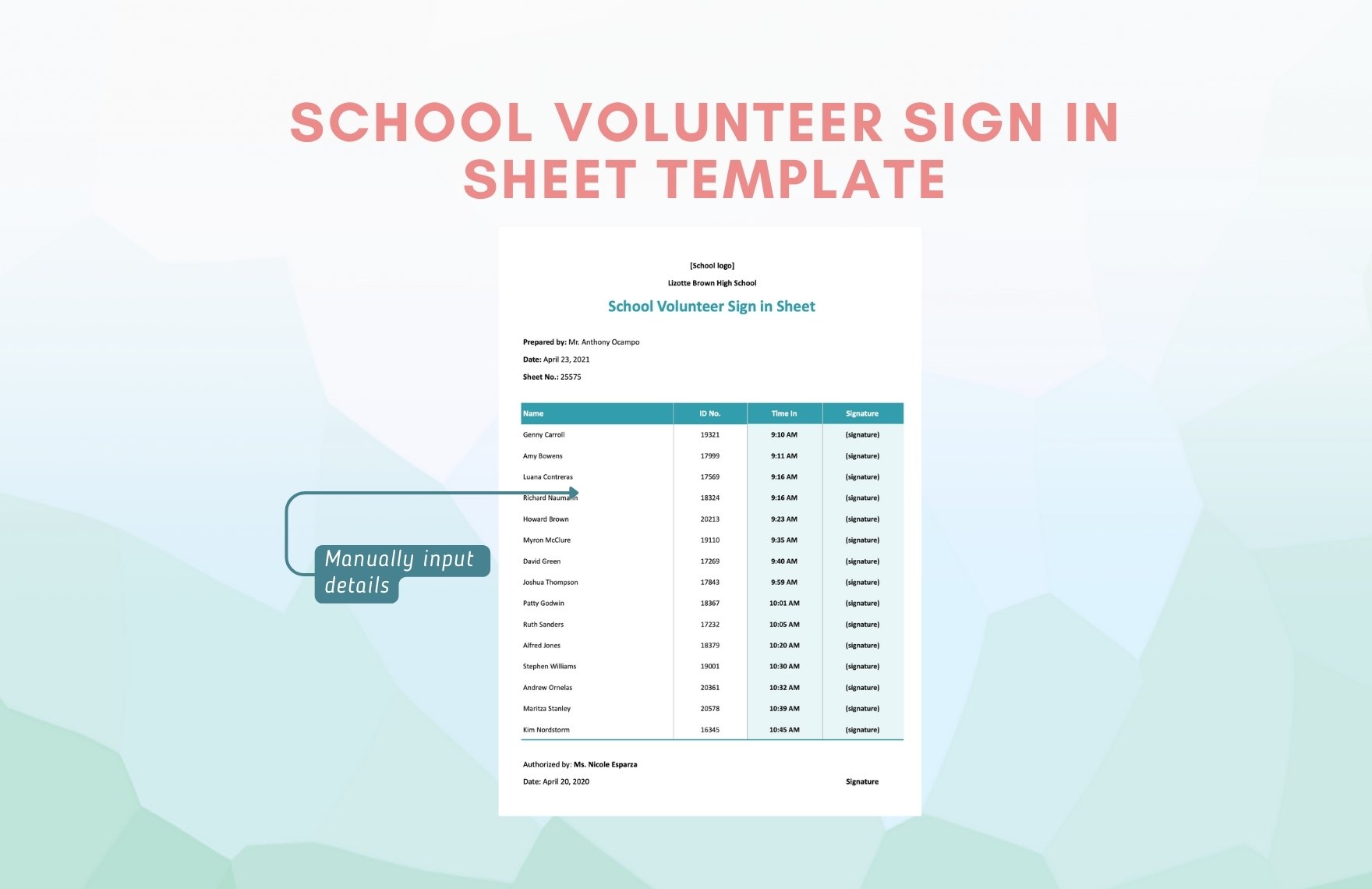 School Volunteer Sign in Sheet Template