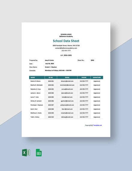 School Data Sheet Template - Google Sheets, Excel