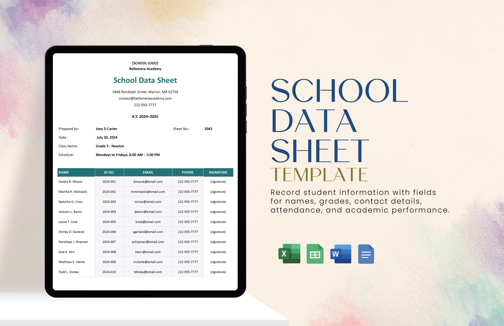 Free School Data Sheet Template in Word, Google Docs, Excel, Google Sheets