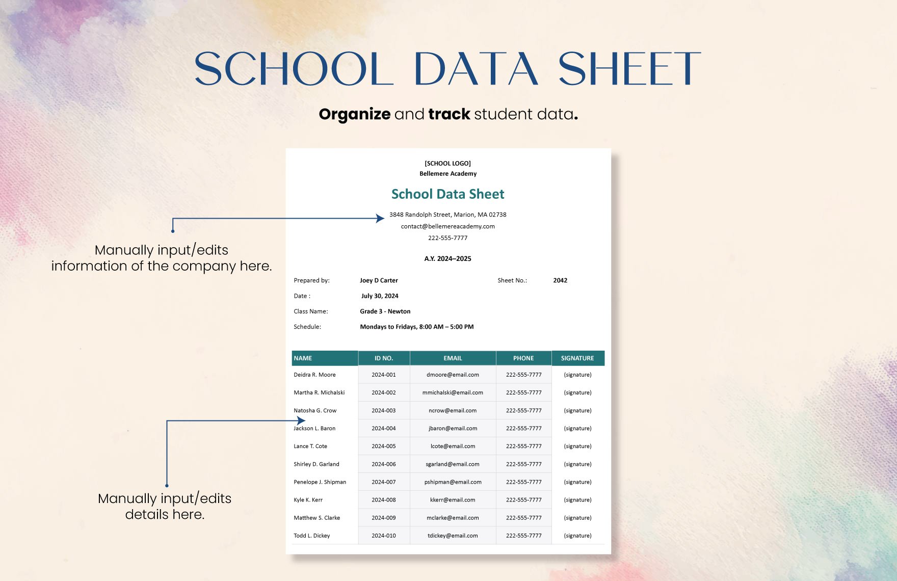 School Data Sheet Template