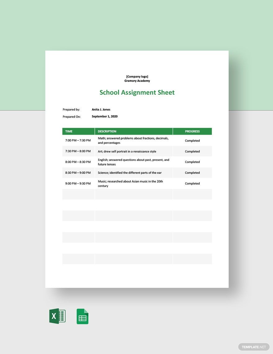 Free School Assignment Sheet Template