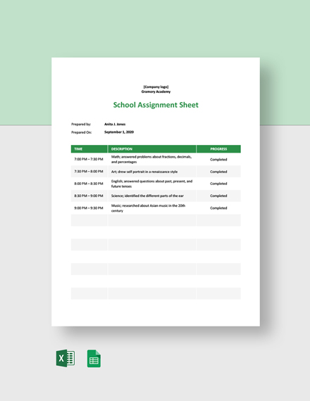 Free School Assignment Sheet Template - Google Sheets, Excel