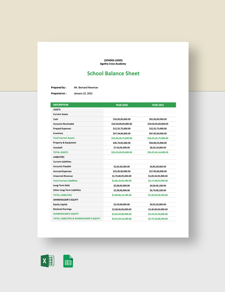 School Balance Sheet Template - Google Sheets, Excel