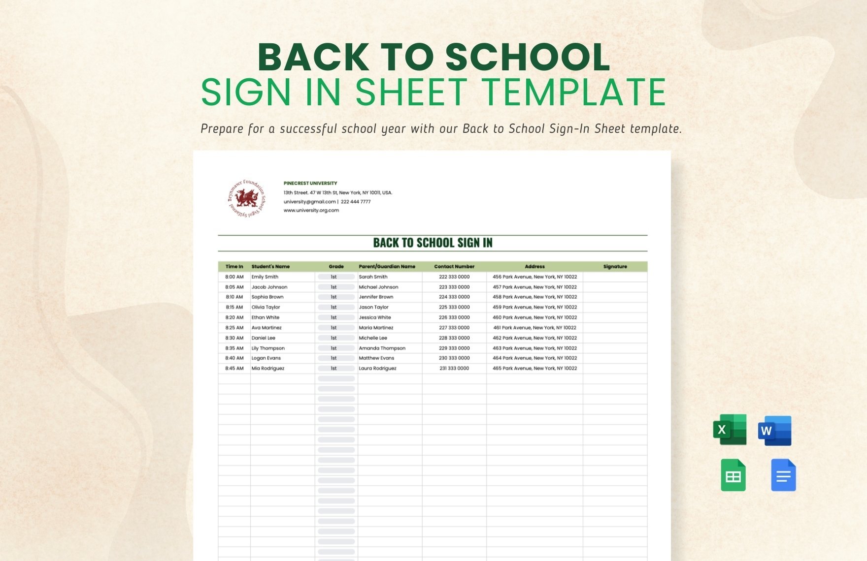 Back To School Sign In Sheet Template in Word, Google Docs, Excel, Google Sheets