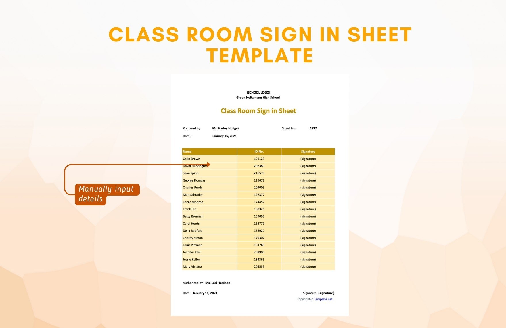 Class Room Sign in Sheet Template