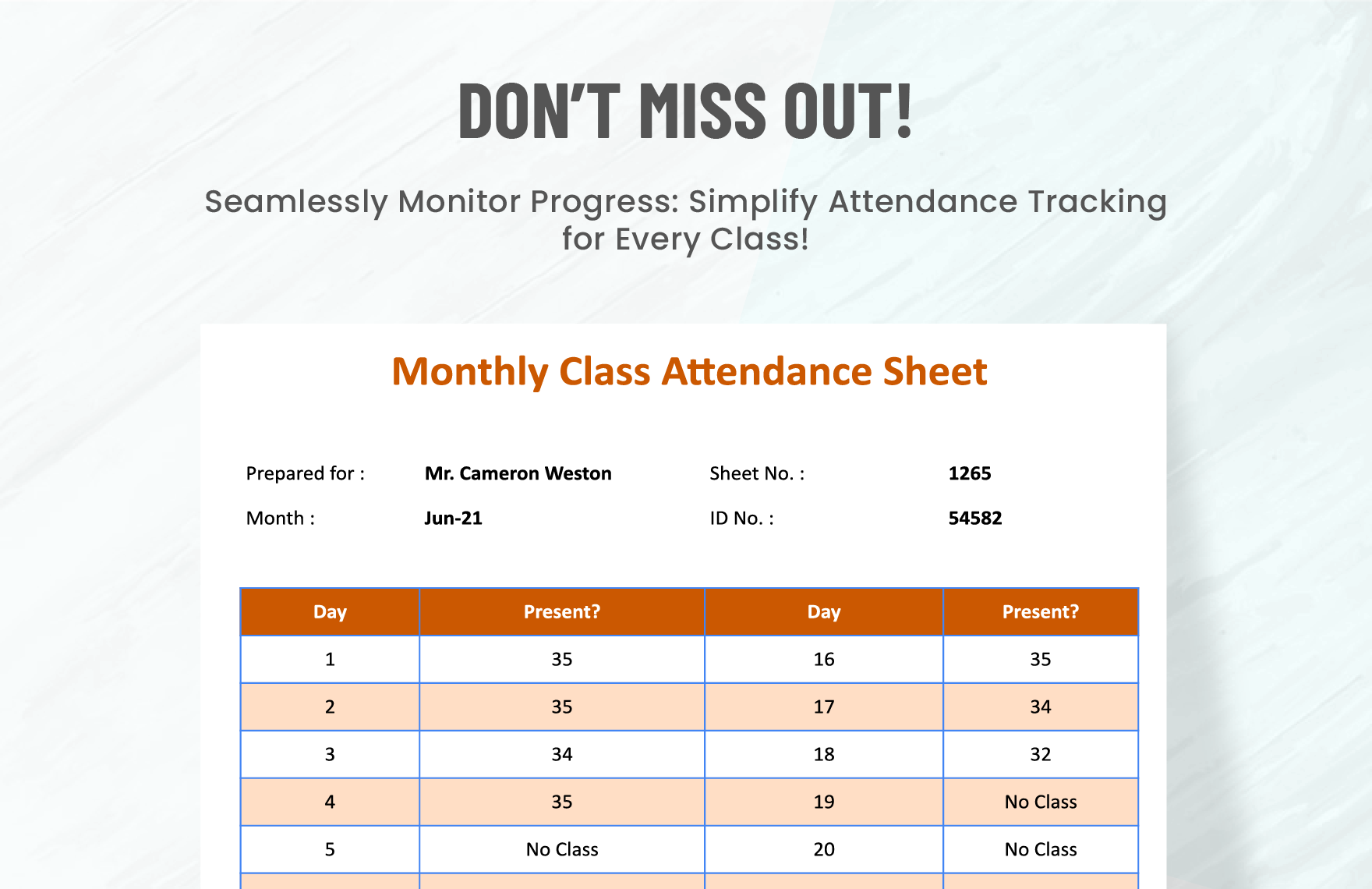 Monthly Class Attendance Sheet Template