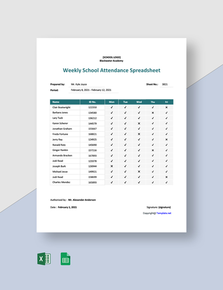 Weekly School Attendance Spreadsheet Template - Google Sheets, Excel