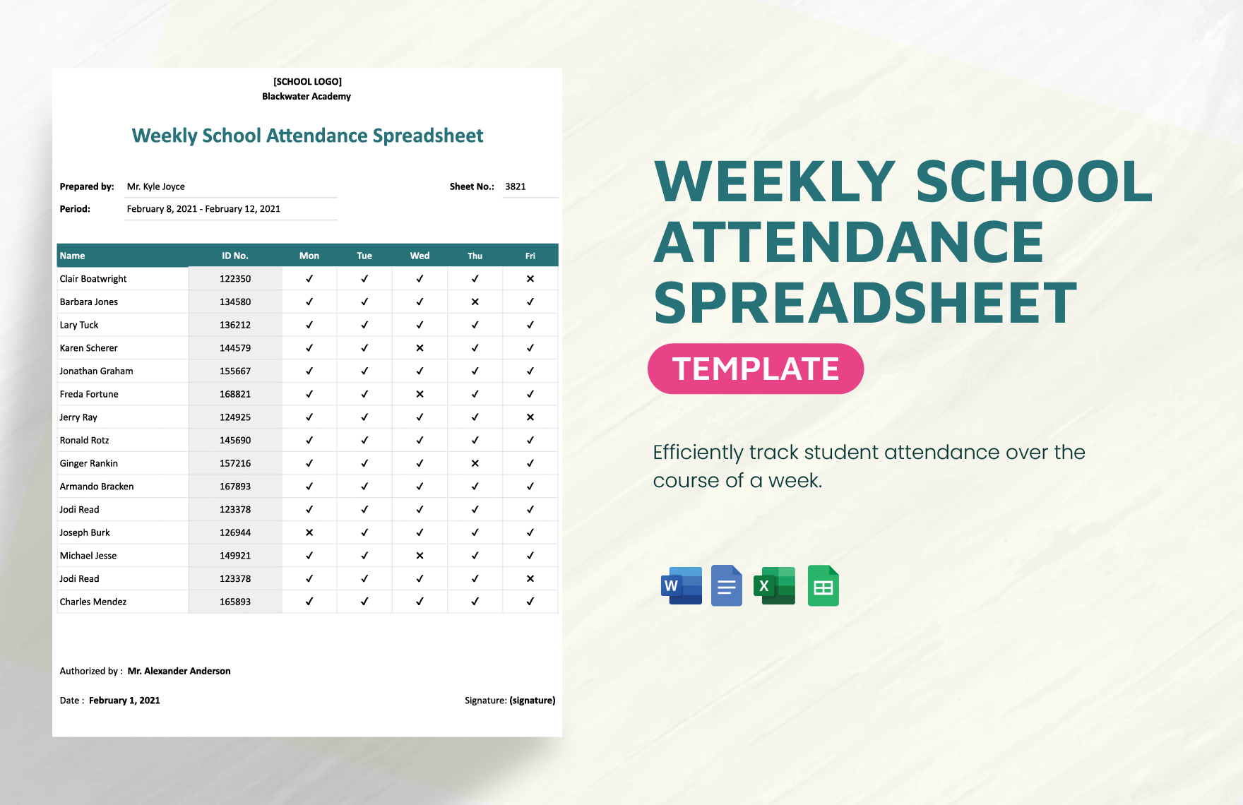 Weekly School Attendance Spreadsheet Template