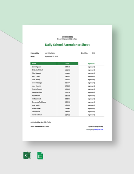 Daily School Attendance Sheet Template - Google Sheets, Excel