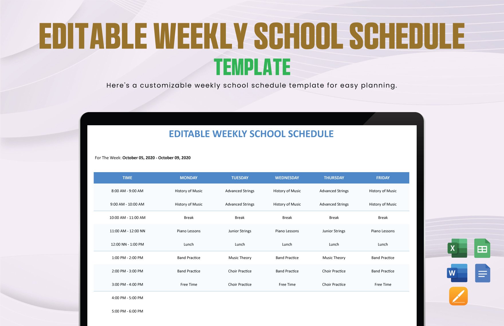 Editable Weekly School Schedule Template in Word, Google Docs, Excel, Google Sheets, Apple Pages