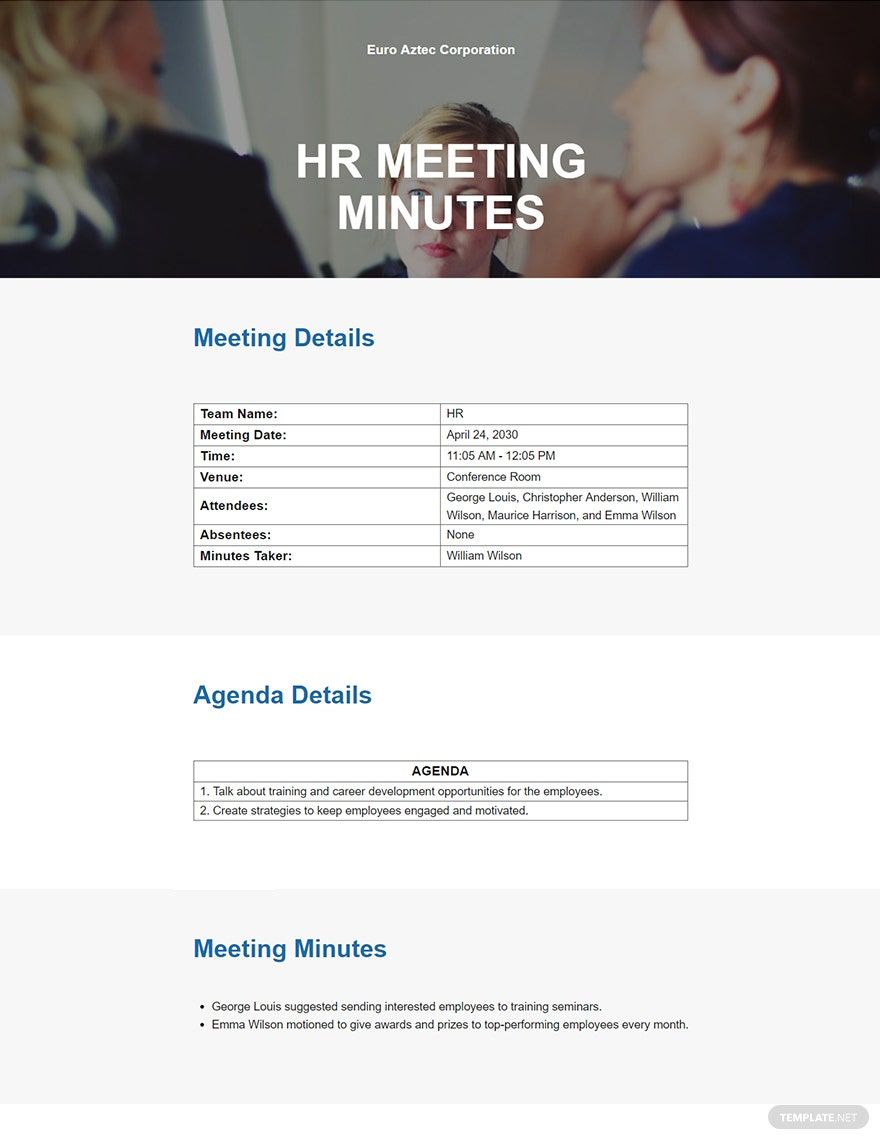 Sample HR Meeting Minutes Template in Google Docs, Word, Pages