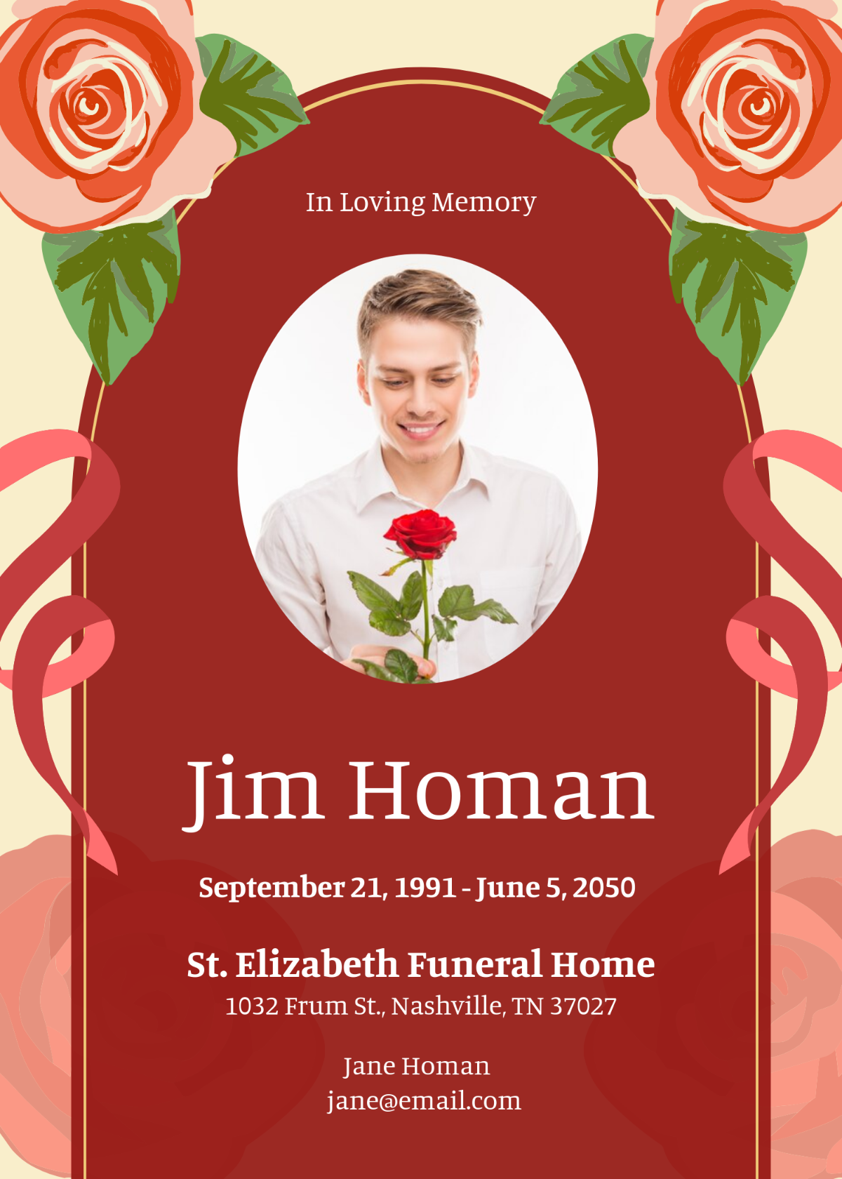 Red Rose Obituary Invitation Template - Edit Online & Download