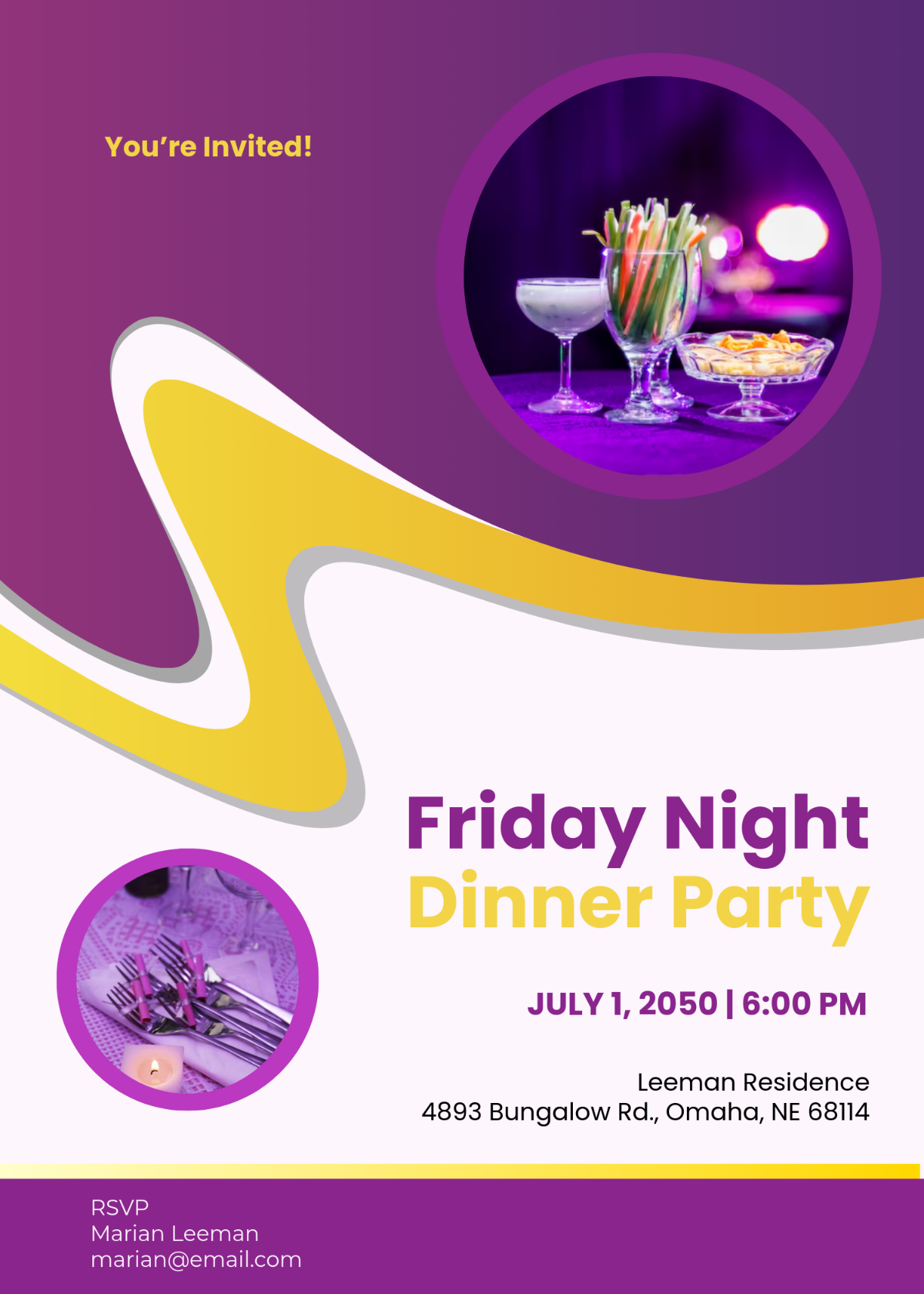 Free Purple & Yellow Dinner Invitation Template