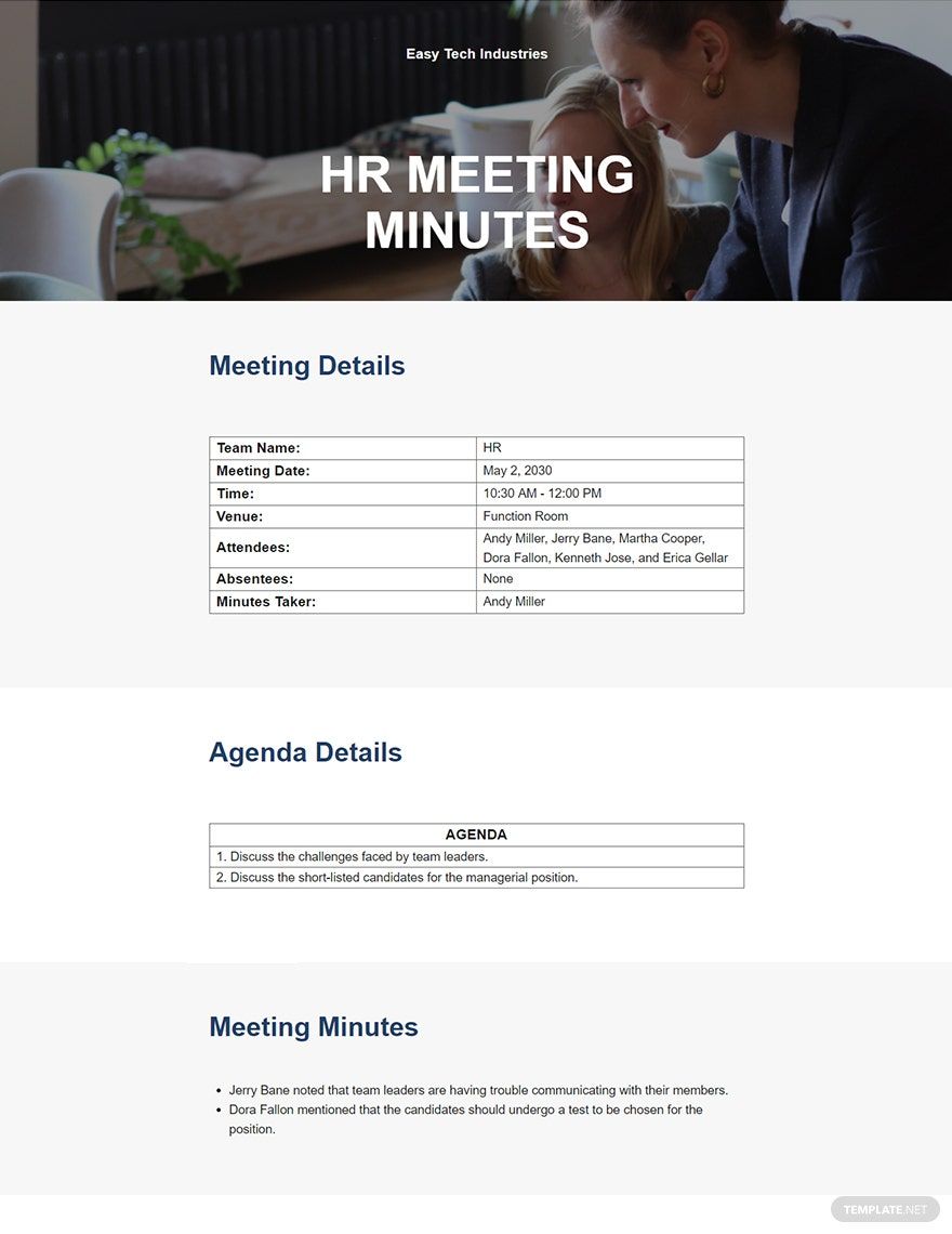 Simple HR Meeting Minutes Template in Word, Google Docs, Apple Pages