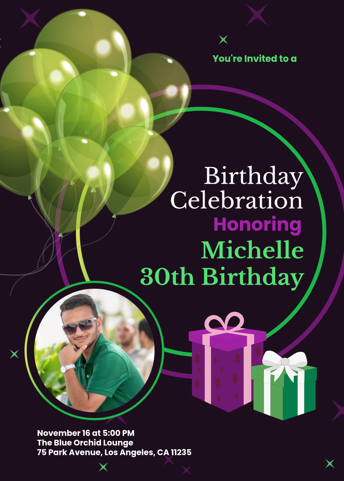 Purple & Green Balloons Invitation Template - Edit Online & Download