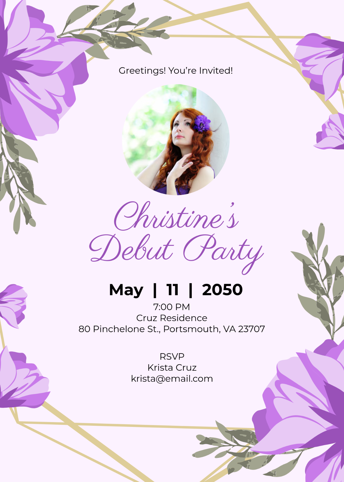 Free Lilac Purple Debut Invitation Template