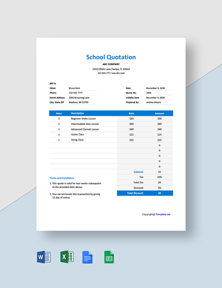 Free Blank School Quotation Template - Google Docs, Google Sheets, Excel, Word